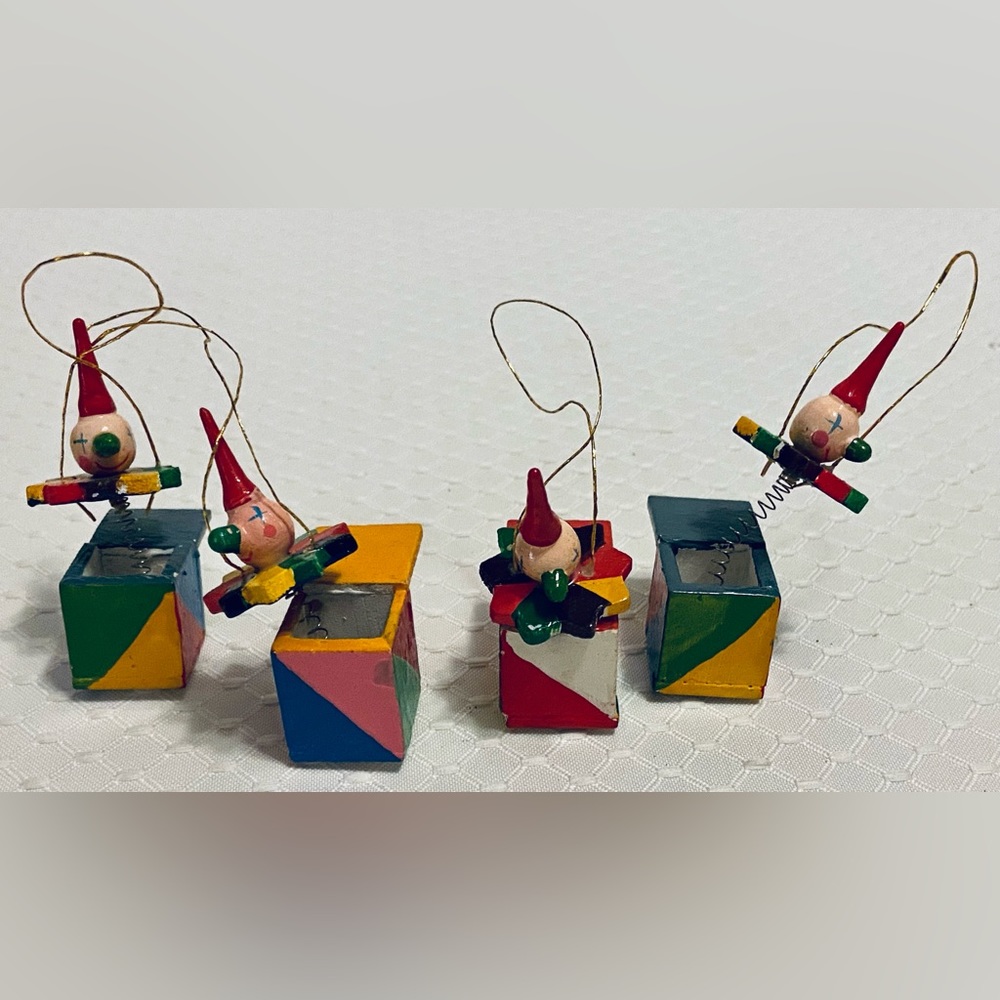 Vintage SHACKMAN Wooden Hand Painted Jack in the Box ornaments. (4)